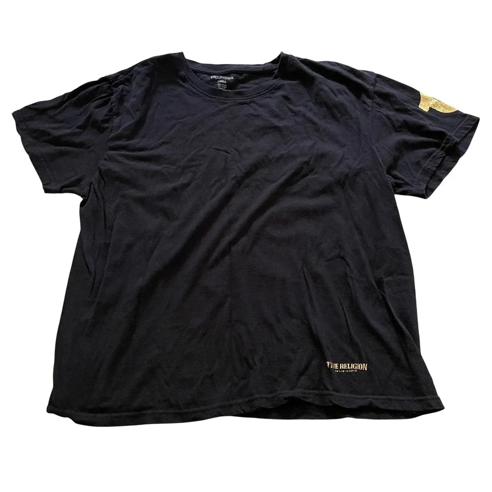 True Religion Mens Large Black T-Shirt Gold Horseshoe Logo Short Sleeve Tee